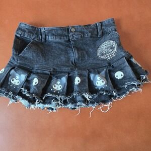 Kuromi By Sanrio Rhinestone Skull Pleated Black Denim Micro Skirt Women Medium